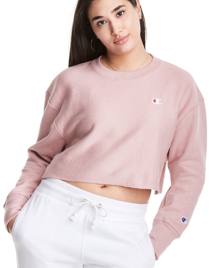 Champion Dame Sweatshirt Beige - Reverse Weave Cropped Cut-Off Crew - Danmark TJK-687139